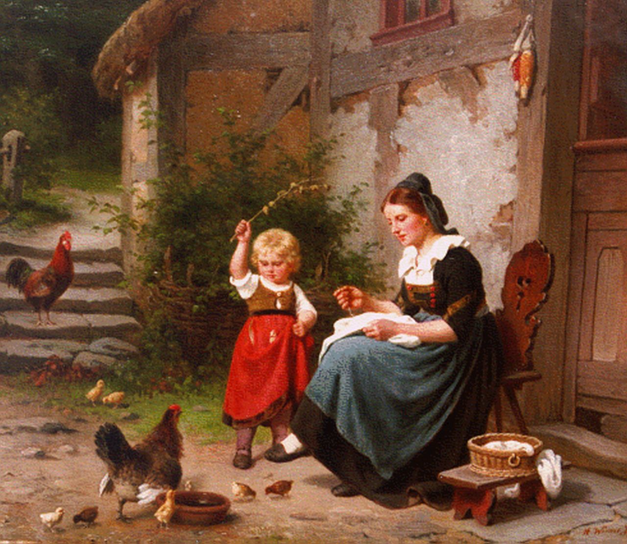 Hermann Werner | Mother and daughter on a yard, Öl auf Leinwand, 40,7 x 47,4 cm, signed l.r. und dated '74