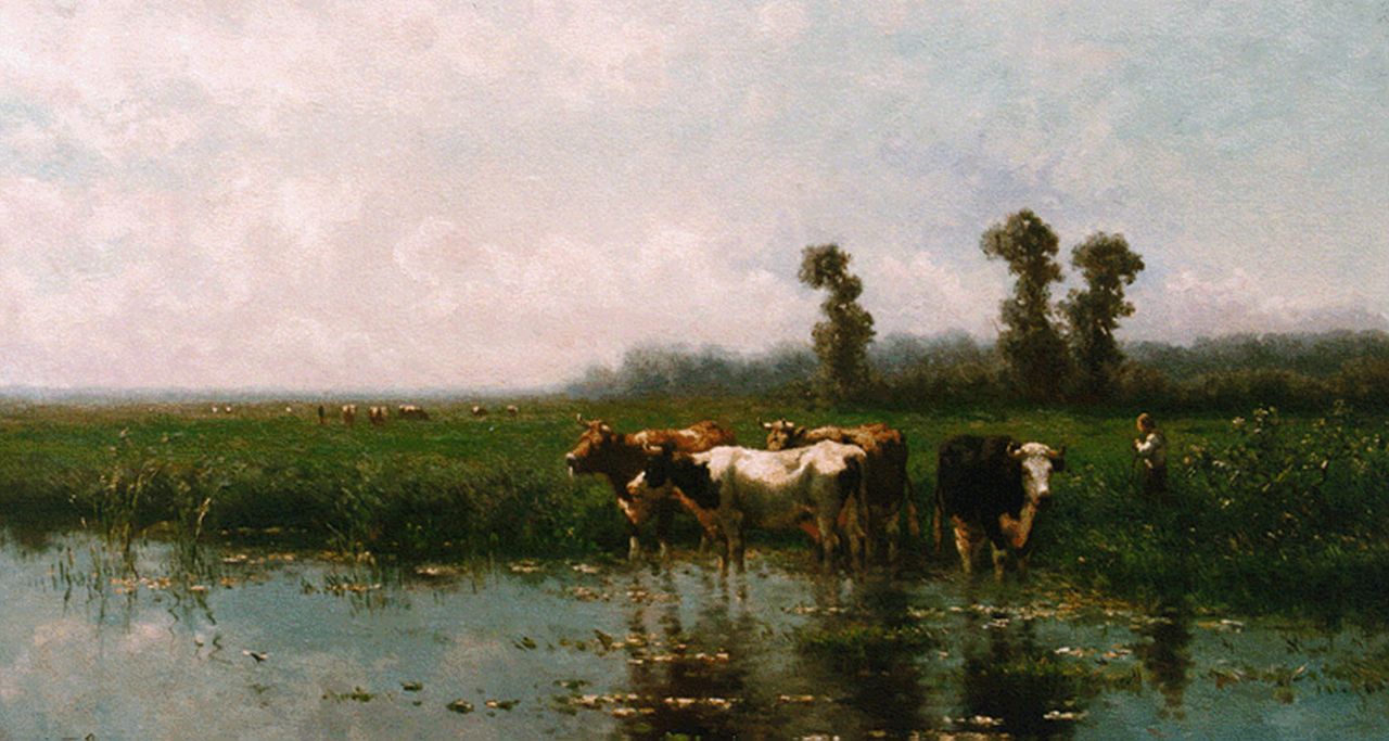 Vrolijk J.M.  | Johannes Martinus 'Jan' Vrolijk, Cows watering, Öl auf Holz 51,0 x 90,0 cm, signed l.l. und dated '87