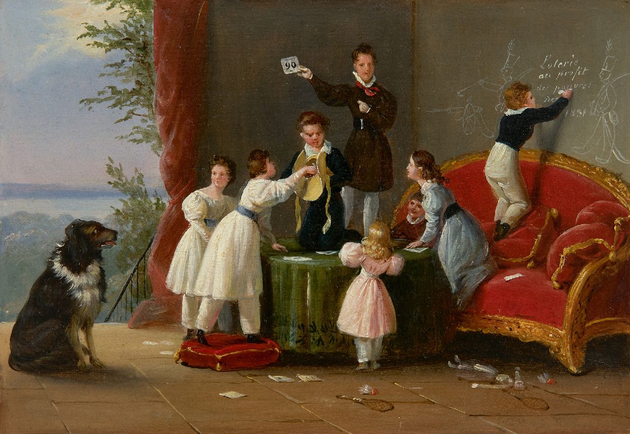 Pingret E.H.T.  | Édouard Henri Théophile Pingret | Gemälde zum Verkauf angeboten | Die Armenlotterie, Öl auf Holz 17,5 x 25,5 cm, Unterzeichnet u.r. und datiert 1831