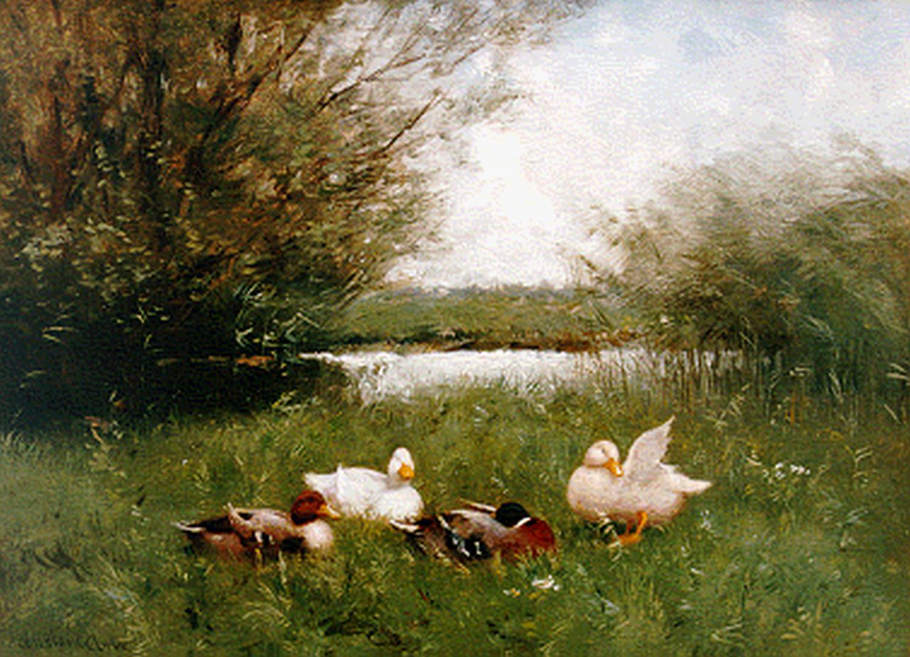Artz C.D.L.  | 'Constant' David Ludovic Artz, Drakes and hens on the riverbank, Öl auf Holz 23,5 x 32,0 cm, signed l.l.