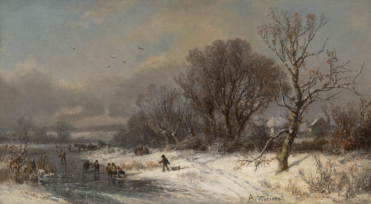 Stademann A.  | Adolf Stademann | Gemälde zum Verkauf angeboten | Winterlandschaft mit Pferd und Wagen und Kindern auf dem Eis, Öl auf Leinwand 31,0 x 56,0 cm, Unterzeichnet u.r.