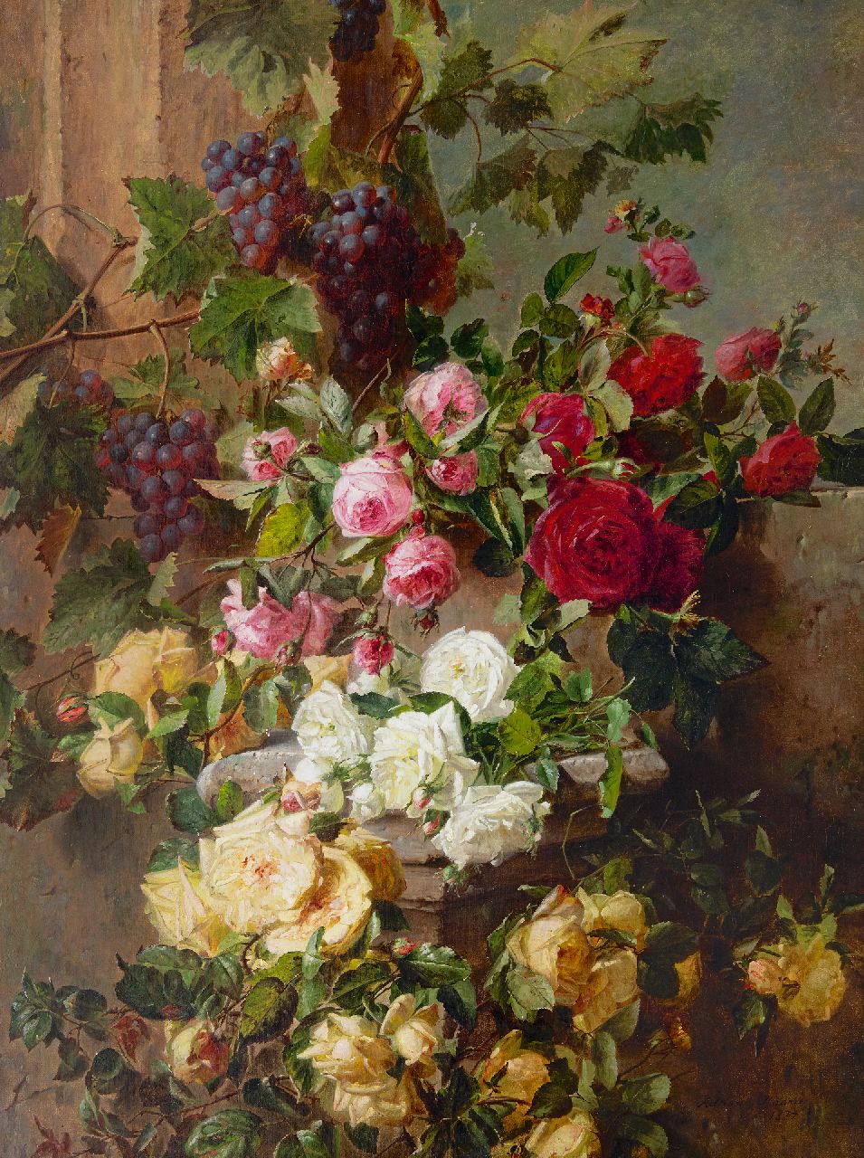 Haanen A.J.  | Adriana Johanna Haanen, Stilleben mit Rosen und Trauben, Öl auf Leinwand 101,6 x 76,5 cm, Unterzeichnet u.r. und datiert 1874