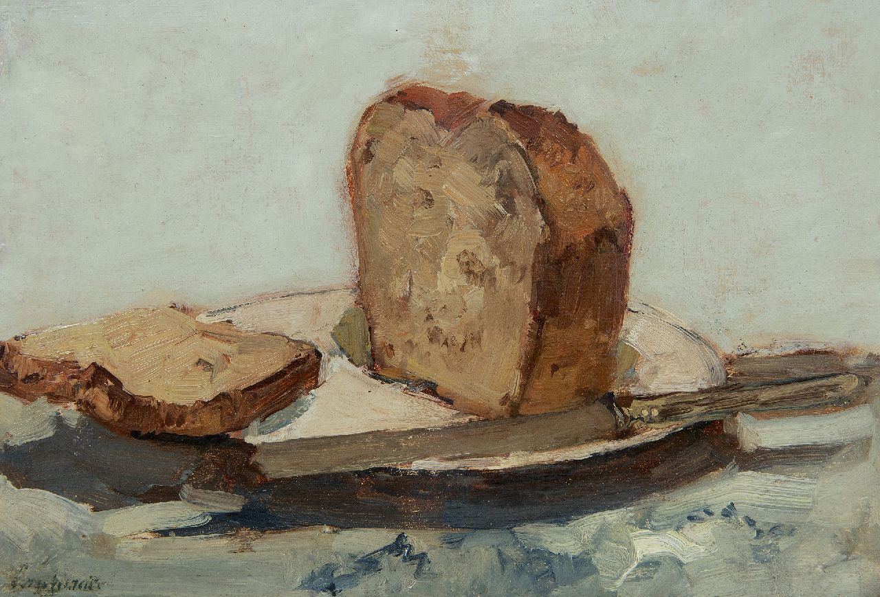 Windt Ch. van der | Christophe 'Chris' van der Windt, Stilleben mit geschnittener Brot, Öl auf Malereifaser 21,4 x 31,6 cm, Unterzeichnet u.l.