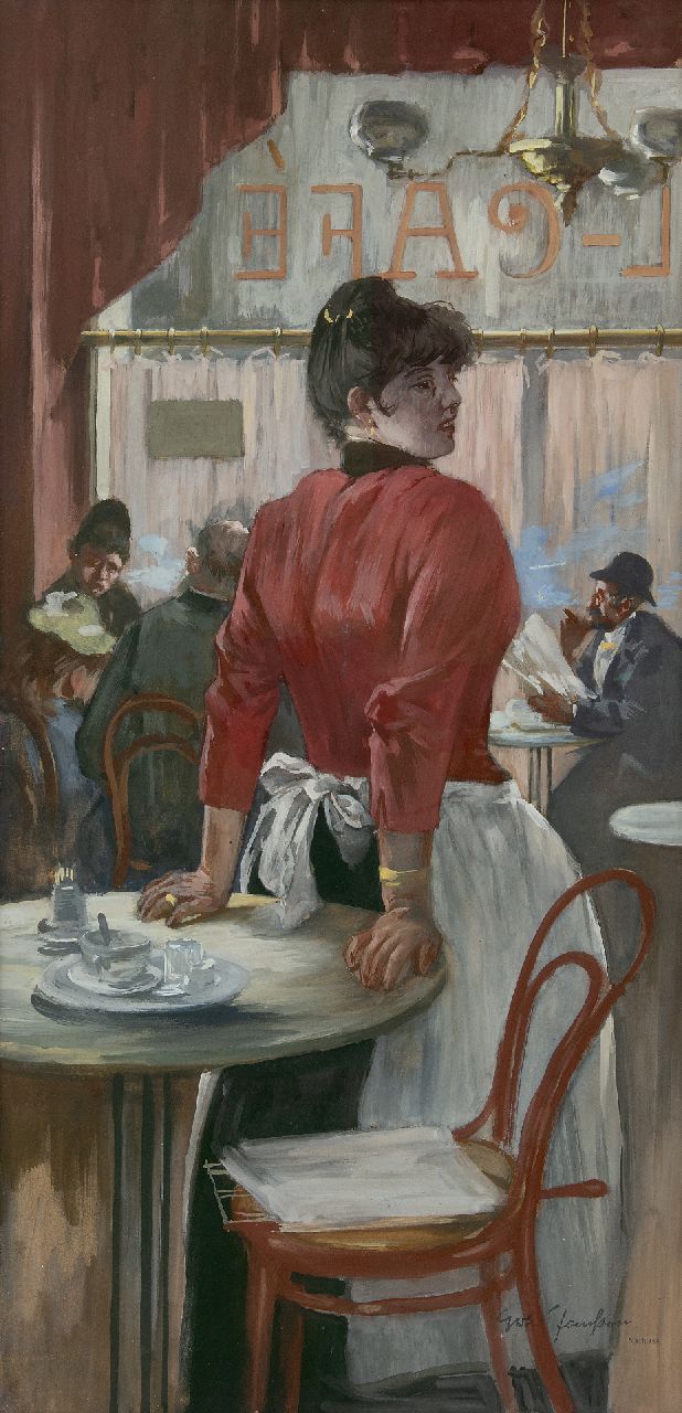 Janssen G.  | Gerhard Janssen | Aquarelle und Zeichnungen zum Verkauf angeboten | Im Café, Gouache auf Holzfaser 74,4 x 36,5 cm, zu datieren um 1887-1888