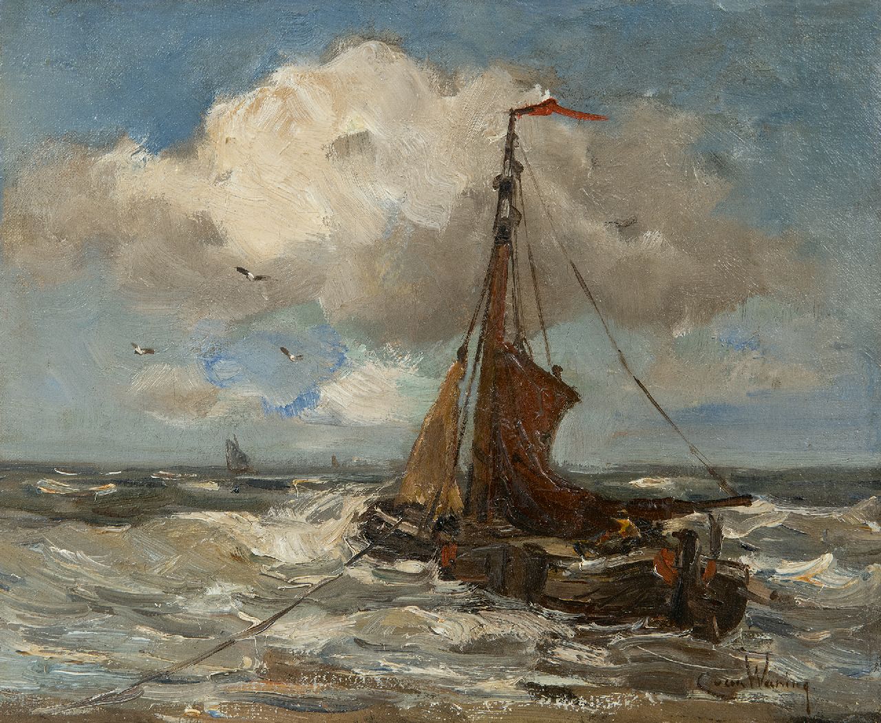 Waning C.A. van | Cornelis Anthonij 'Kees' van Waning | Gemälde zum Verkauf angeboten | 'Bomschiff' vor Anker in der Brandung, Öl auf Leinwand 25,2 x 31,0 cm, Unterzeichnet u.r.
