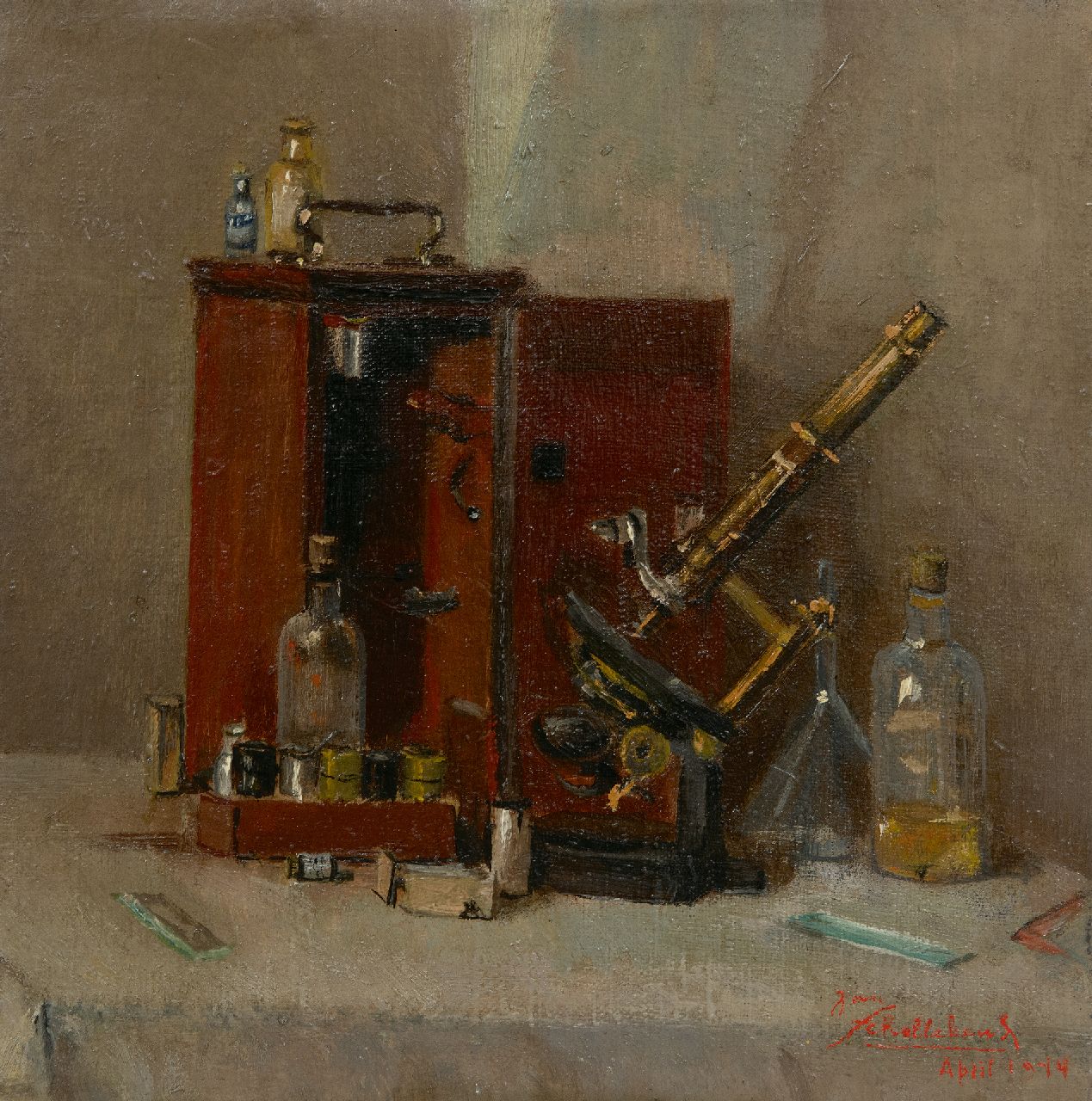 Schellekens J.  | Jan Schellekens | Gemälde zum Verkauf angeboten | Stilleben von Apothekerinstrumente, Öl auf Leinwand 25,0 x 25,0 cm, Unterzeichnet u.r. und datiert April 1944