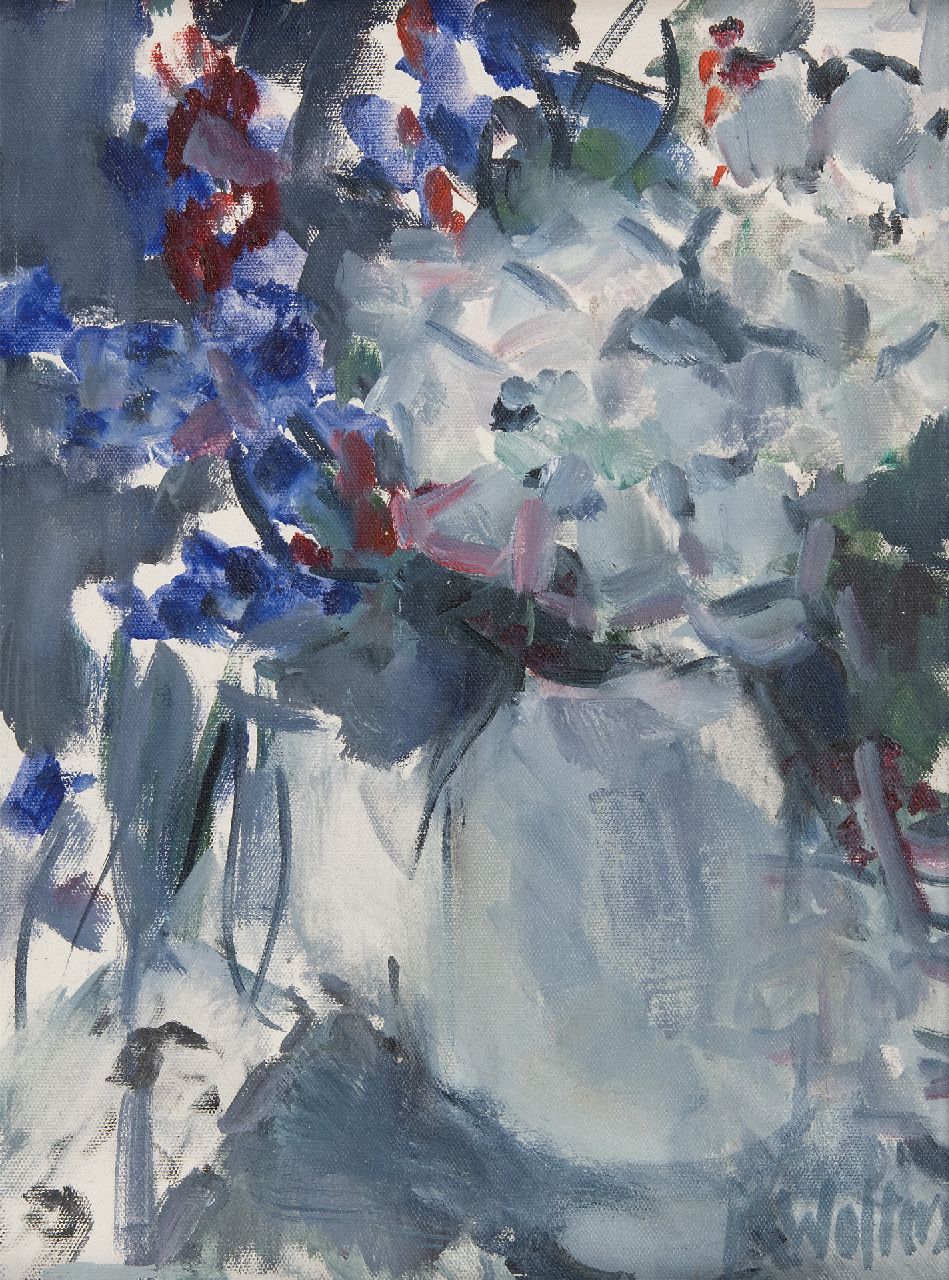 Wolters-Schweitzer M.  | Milène Wolters-Schweitzer | Gemälde zum Verkauf angeboten | Stilleben mit Blumen, Öl auf Leinwand 39,8 x 29,9 cm, Unterzeichnet u.r. und im Versp und datiert 2014 im Verso