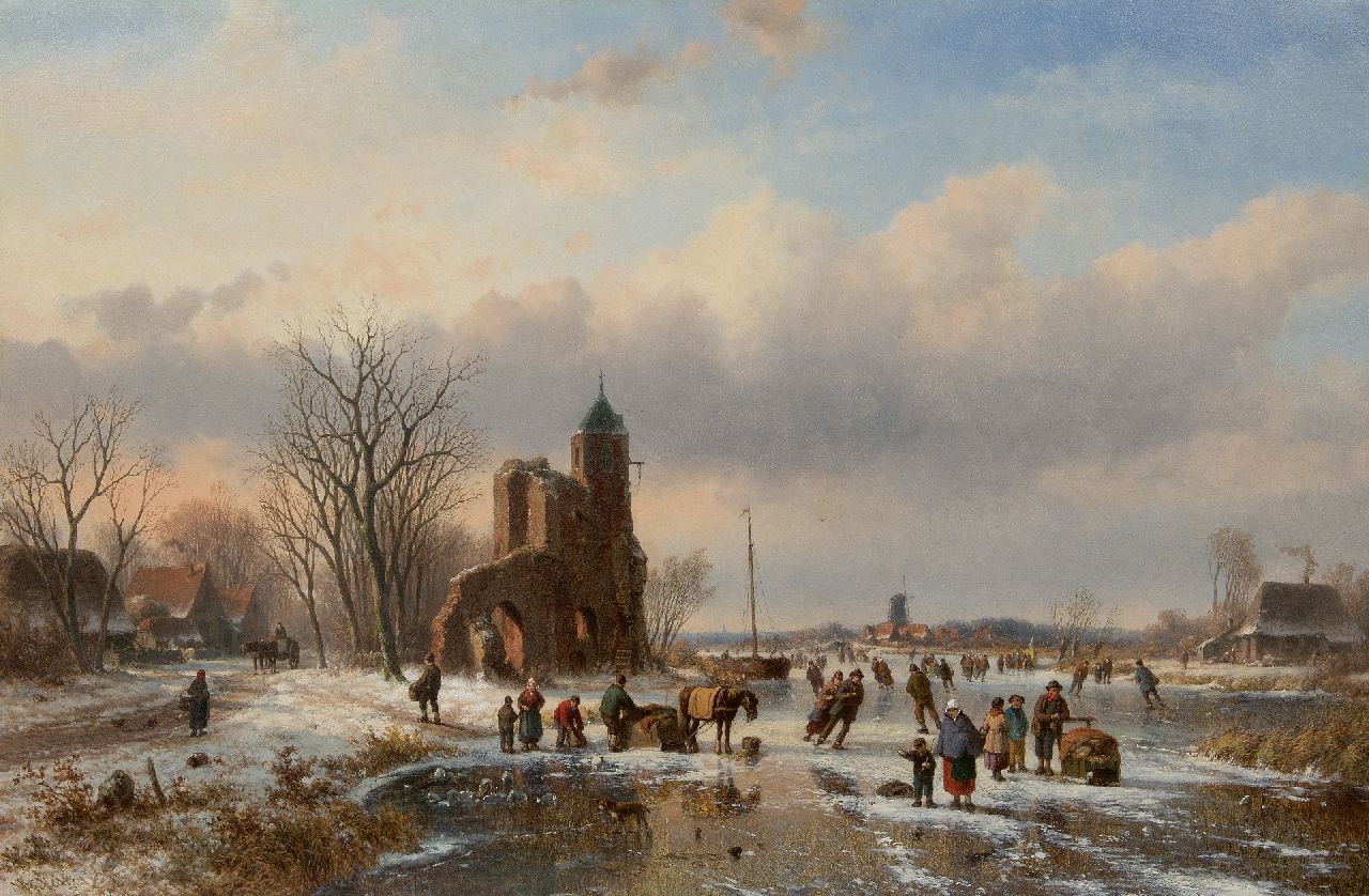 Vester W.  | Willem Vester, Skater auf dem Eis bei einer Burgruïne    [x]  Vertaling  Figuren auf dem Eis bei einer Burgruine, Öl auf Leinwand 82,1 x 124,8 cm, Unterzeichnet l.u.