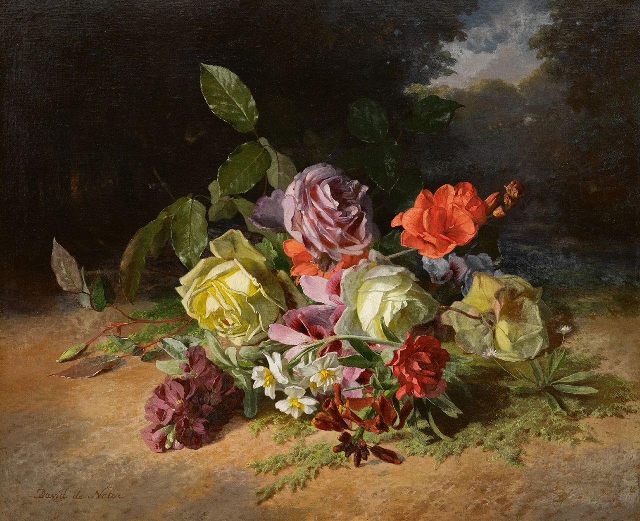 Noter D.E.J. de | 'David' Emile Joseph de Noter | Gemälde zum Verkauf angeboten | Rosen und Sommerblumen auf dem Waldboden, Öl auf Leinwand 46,3 x 55,1 cm, Unterzeichnet u.l.