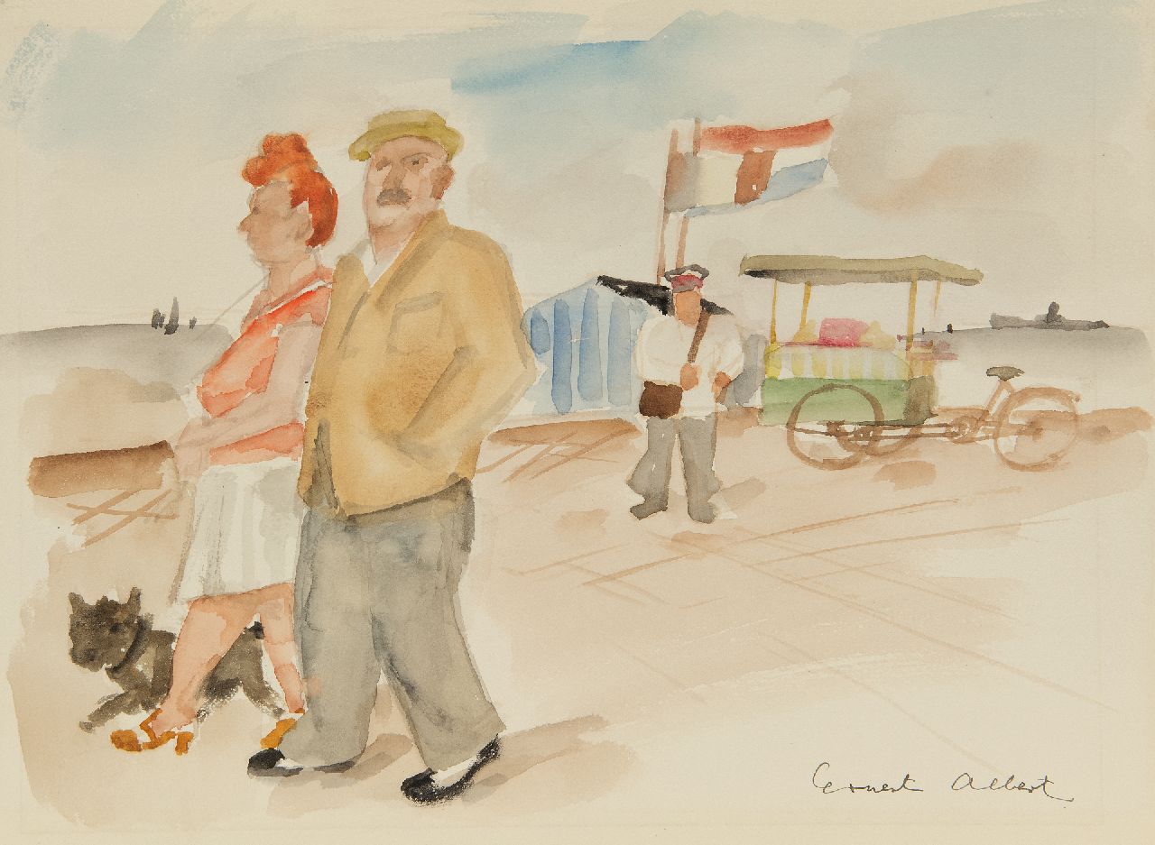 Ernest Albert | Paar mit Hund auf dem Boulevard, Aquarell auf Papier, 26,0 x 35,0 cm, Unterzeichnet u.r.