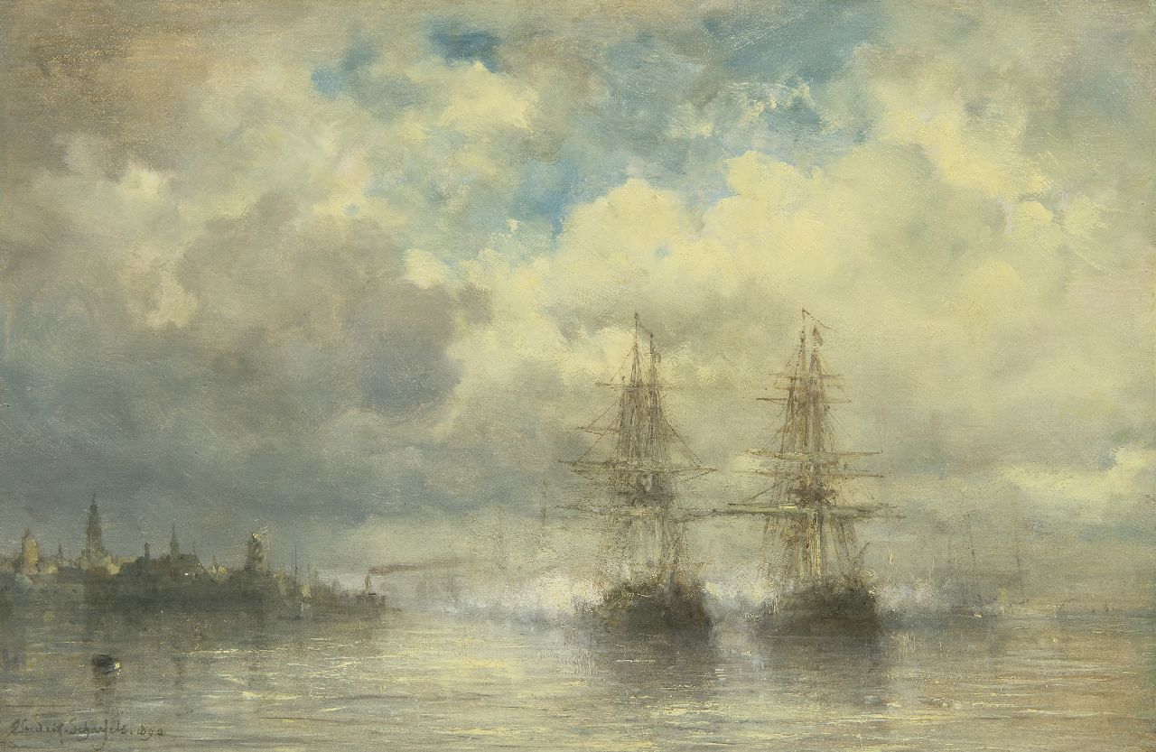 Hendrik Schaefels | Schiffe an der Schelde bei Antwerpen, Öl auf Holz, 31,5 x 48,0 cm, Unterzeichnet u.l. und datiert 1890