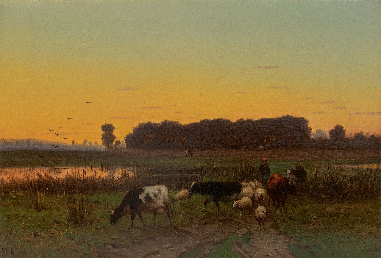 Henri Alexander Robbe | Hirtin und Vieh auf dem Heimweg, Öl auf Leinwand, 34,1 x 49,8 cm, Unterzeichnet u.r.