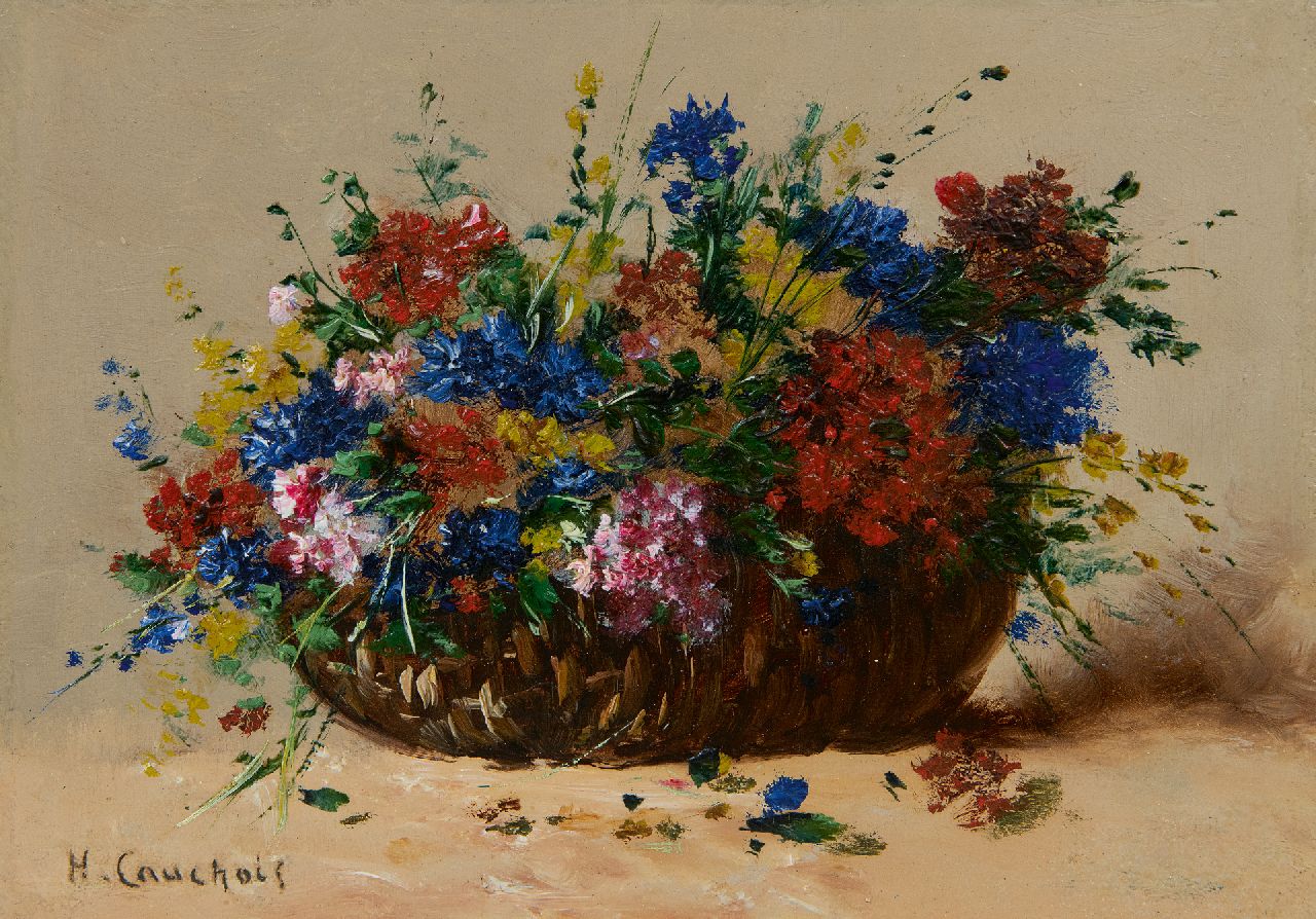 Cauchois E.H.  | Eugène-Henri Cauchois, Sommerblumen im Korb, Öl auf Holz 16,8 x 24,1 cm, Unterzeichnet u.l.
