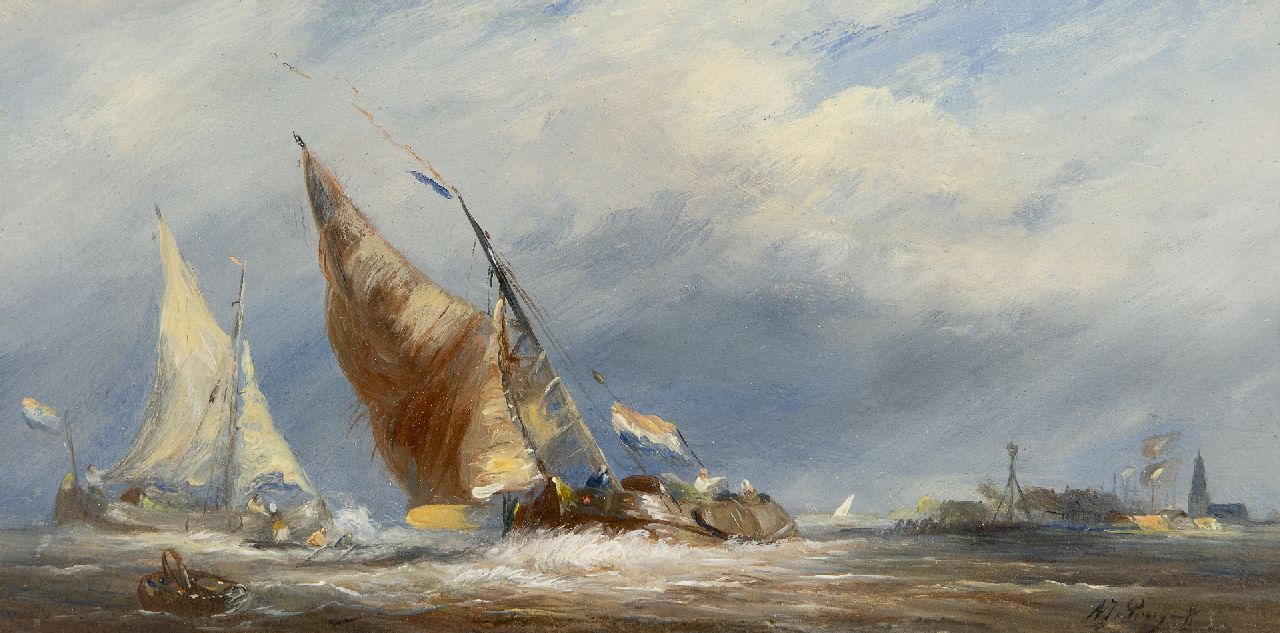 Prooijen A.J. van | Albert Jurardus van Prooijen | Gemälde zum Verkauf angeboten | Segelschiffe bei stürmischem Wetter, Öl auf Holz 14,7 x 29,4 cm, Unterzeichnet u.r.