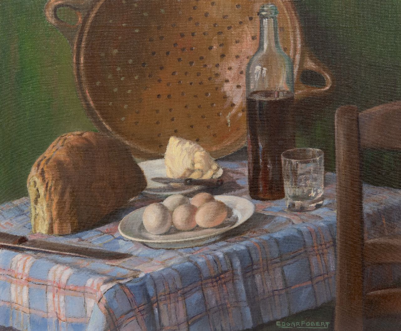 Fobert E.  | Edgar Fobert | Gemälde zum Verkauf angeboten | Stillleben mit Brot, Butter und Eiern, Öl auf Leinwand 50,2 x 60,5 cm, Unterzeichnet u.r.