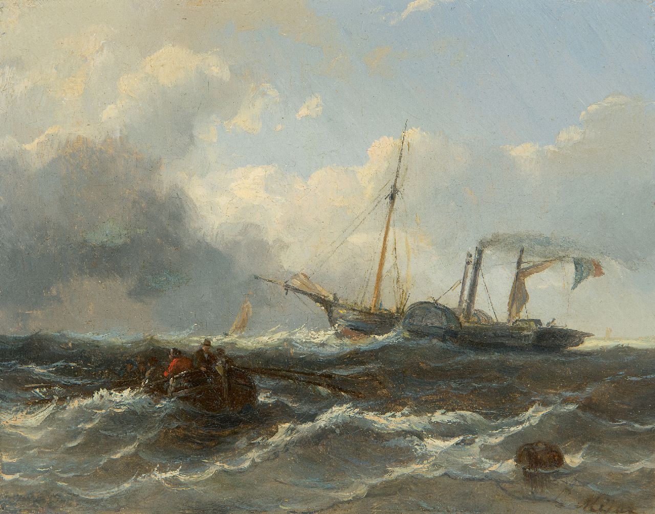 Meijer J.H.L.  | Johan Hendrik 'Louis' Meijer | Gemälde zum Verkauf angeboten | Ruderboot und Dampfschiff auf See, Öl auf Tafel 14,9 x 19,0 cm, Unterzeichnet u.r.