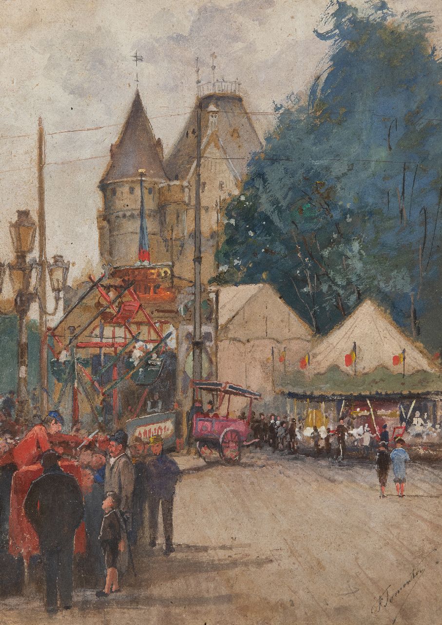 Jomouton F.  | Frédéric Jomouton | Aquarelle und Zeichnungen zum Verkauf angeboten | Die Kirmes bei einem belgischen Schloss, Aquarell auf Malerholzfaser 36,2 x 26,2 cm, Unterzeichnet u.r.