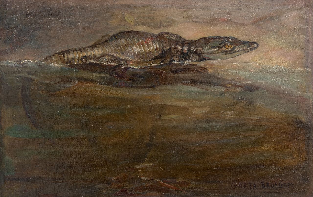 Greta Bruigom | Junge Nilkrokodil, Öl auf Leinwand, 26,4 x 41,5 cm, Unterzeichnet u.r.