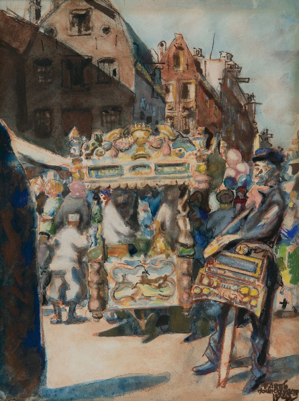 Monnickendam M.  | Martin Monnickendam, Eiswagen und Fassorgel am Waterlooplein in Amsterdam, Pastell und Aquarell auf Papier 38,5 x 29,0 cm, Unterzeichnet u.r. und datiert 1925