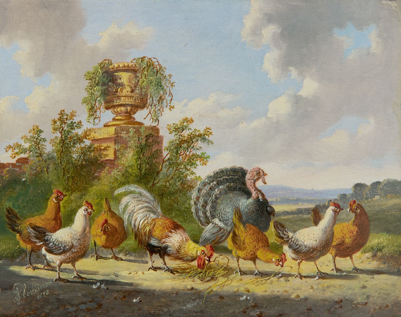 Verhoesen A.  | Albertus Verhoesen | Gemälde zum Verkauf angeboten | Geflügel in einer Landschaft, Öl auf Holz 14,3 x 18,6 cm, Unterzeichnet u.l. und datiert 1878