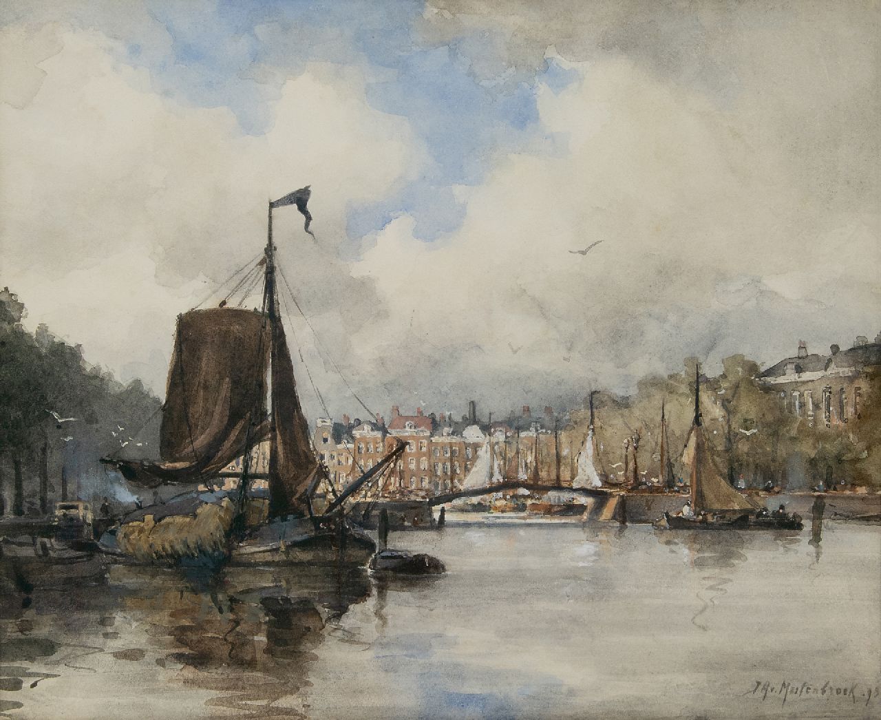 Mastenbroek J.H. van | Johan Hendrik van Mastenbroek | Aquarelle und Zeichnungen zum Verkauf angeboten | Hafen in Rotterdam, Aquarell auf Papier 34,4 x 41,3 cm, Unterzeichnet u.r. und datiert '93