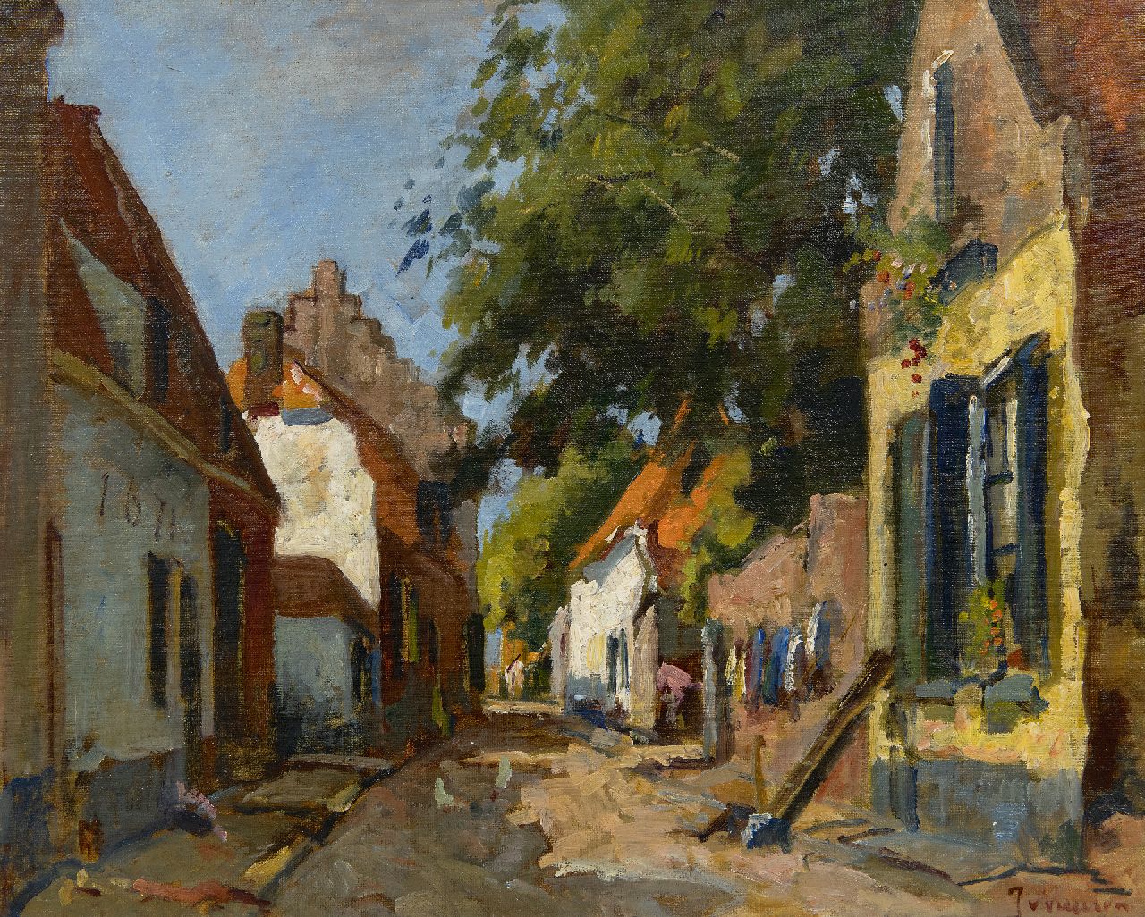 Vuuren J. van | Jan van Vuuren | Gemälde zum Verkauf angeboten | Sonnige Dorfstraße, Öl auf Leinwand 40,0 x 50,1 cm, Unterzeichnet u.r.