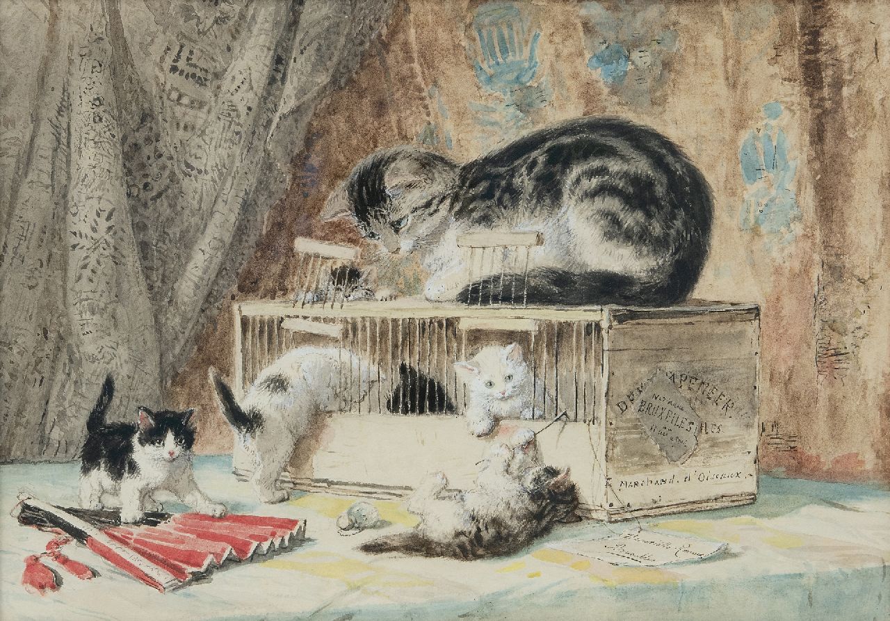 Ronner-Knip H.  | Henriette Ronner-Knip | Aquarelle und Zeichnungen zum Verkauf angeboten | Eine Katze und Kätzchen spielen mit einem Vogelkäfig, Aquarell auf Papier 30,0 x 55,0 cm, Unterzeichnet u.r.