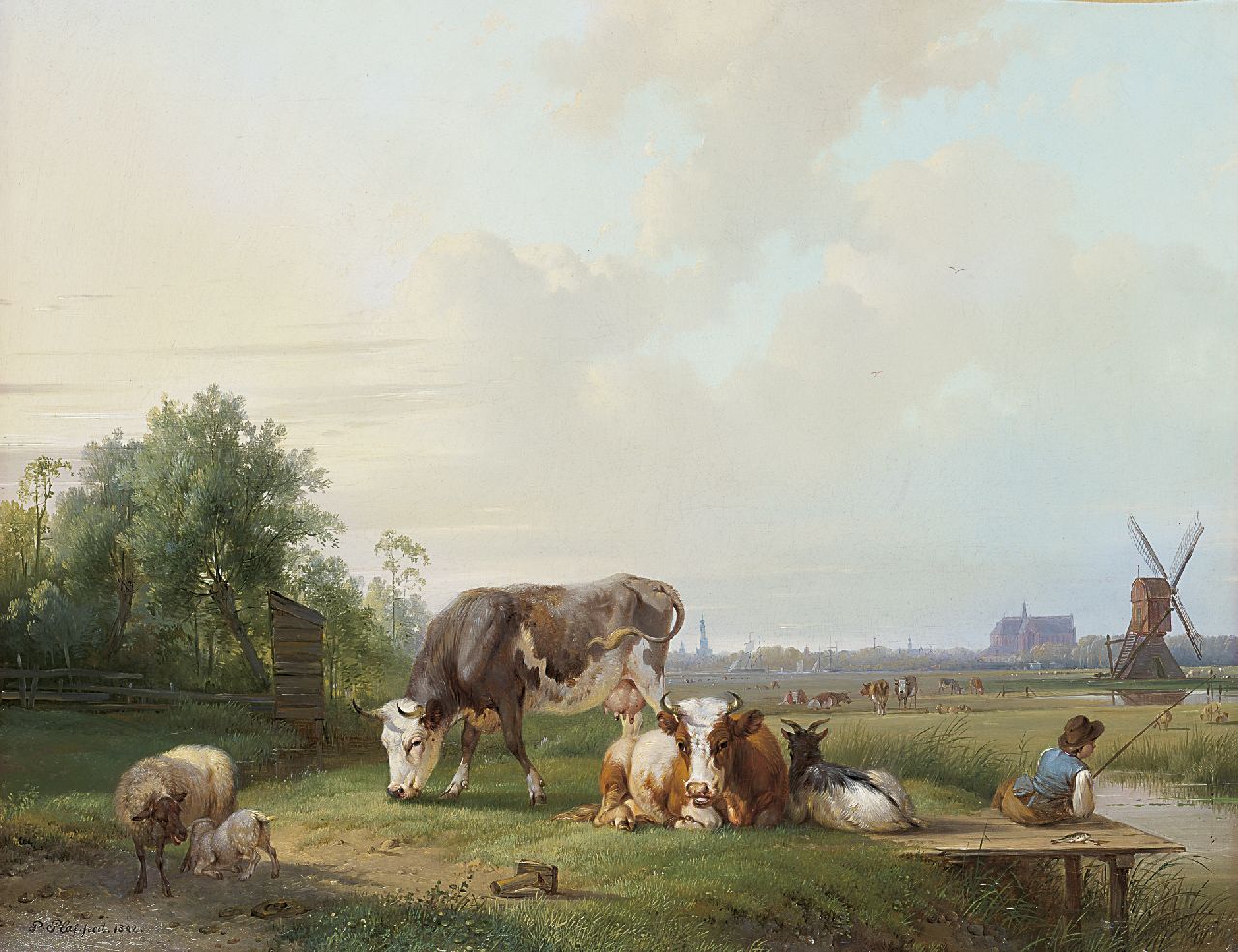 Plas P.  | Pieter Plas, Vieh und ein Angler in einer Landschaft, Alkmaar in der Ferne, Öl auf Leinwand 44,4 x 55,2 cm, Unterzeichnet u.l. und datiert 1842