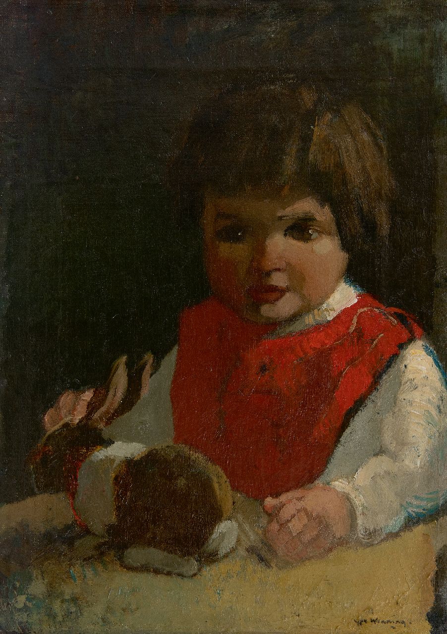 Wenning IJ.H.  | IJpe Heerke 'Ype' Wenning | Gemälde zum Verkauf angeboten | Ein Mädchen mit ihrem Streichelkaninchen, Öl auf Leinwand 36,4 x 26,2 cm, Unterzeichnet u.r.