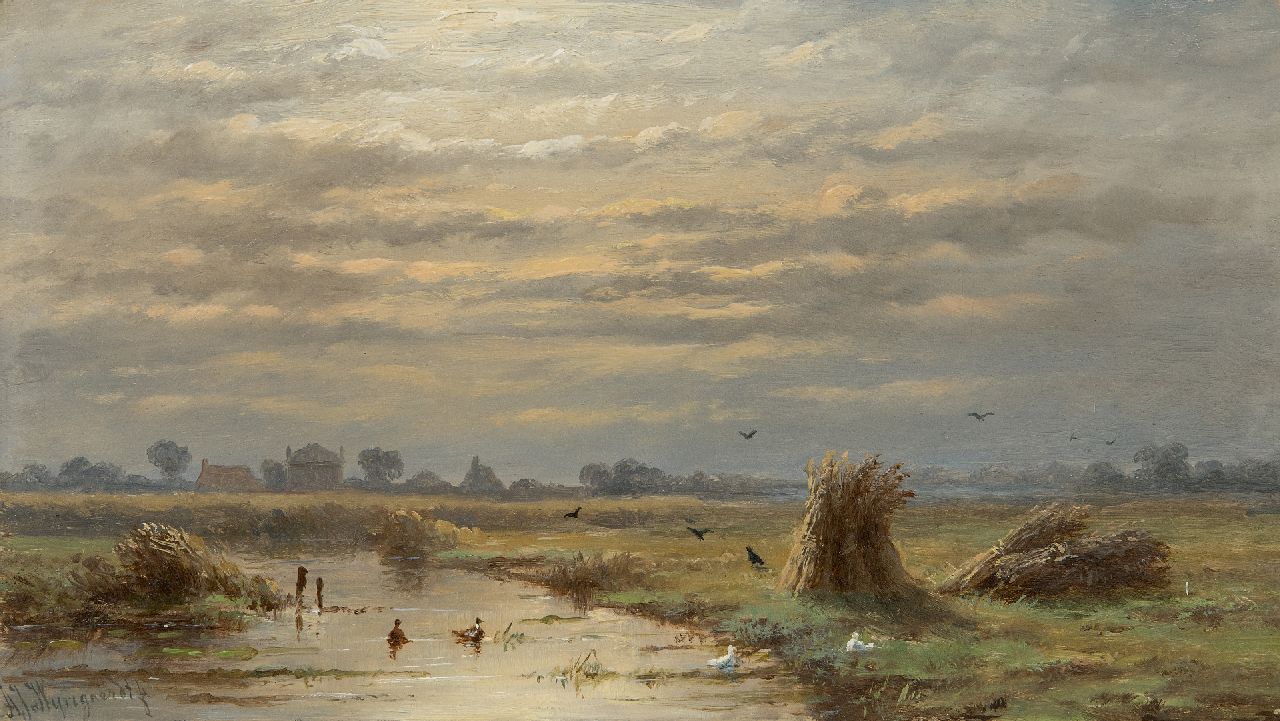 Wijngaerdt A.J. van | Anthonie Jacobus van Wijngaerdt, Polder Landschaft, Öl auf Holz 16,4 x 29,1 cm, Unterzeichnet l.u.