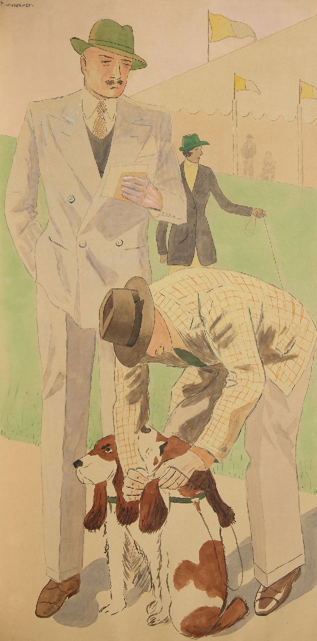 Hem P. van der | Pieter 'Piet' van der Hem | Aquarelle und Zeichnungen zum Verkauf angeboten | Auf der Hundeausstellung, Aquarell auf Papier 127,4 x 68,0 cm, Unterzeichnet o.l.