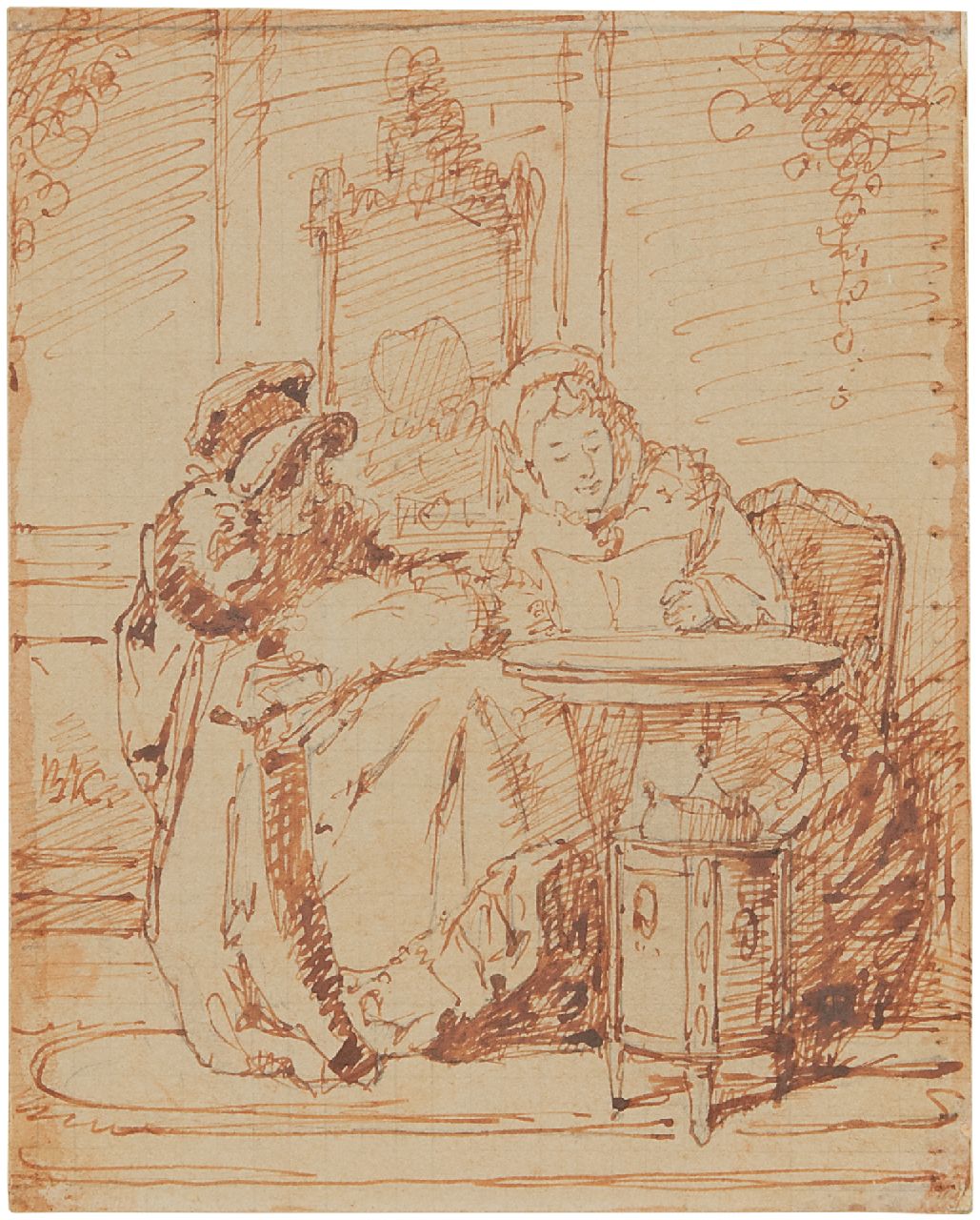 Alexander Hugo Bakker Korff | Lesen des Briefes, Bleistift, Feder und Tinte auf Papier, 11,0 x 8,8 cm, Unterzeichnet l.m. mit Monogramm