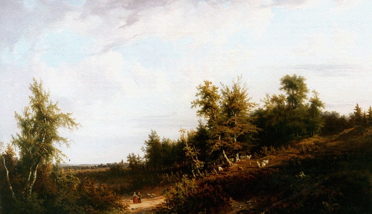 Munter D.H.  | David Heinrich Munter, A wooded landscape with travellers on a path, Öl auf Holz 55,0 x 77,5 cm, signed l.r.