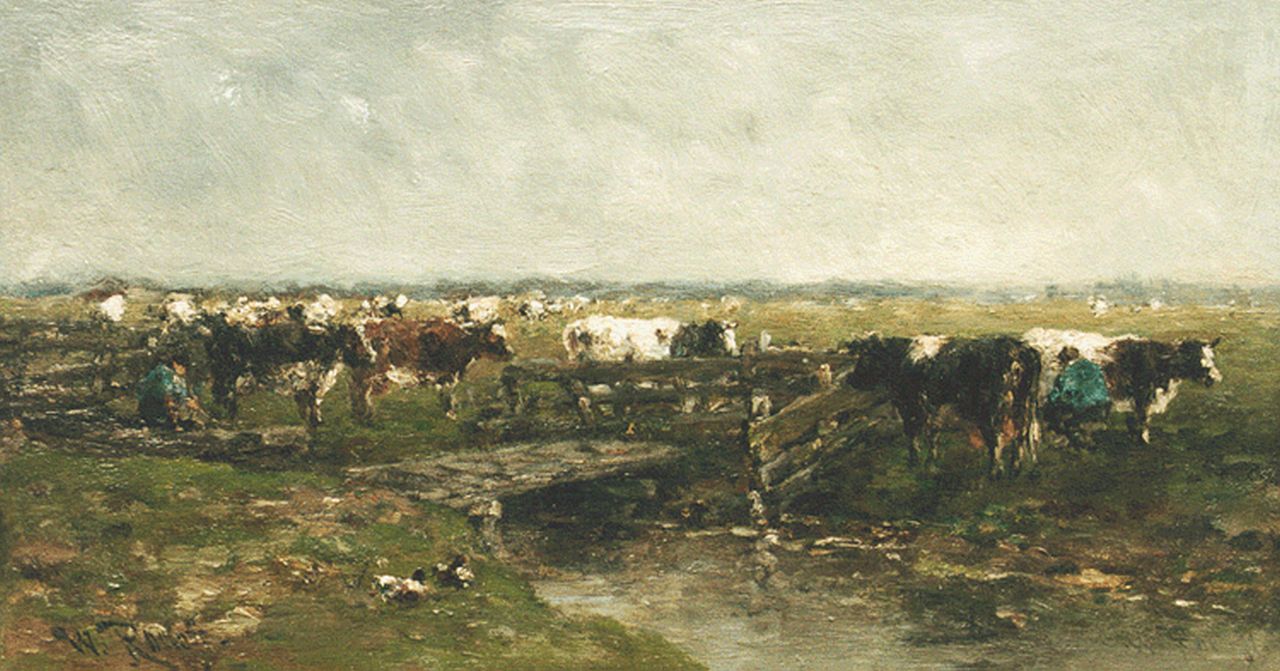 Roelofs W.  | Willem Roelofs, Cows grazing near Gouda, Öl auf Holz 22,5 x 41,2 cm, signed twice
