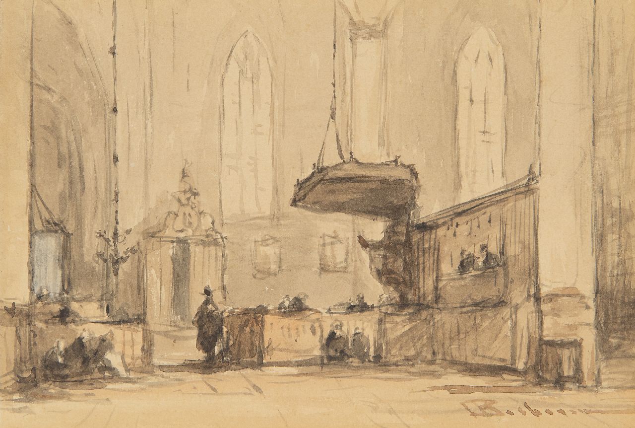 Bosboom J.  | Johannes Bosboom, Innenraum der Grote Kerk in Alkmaar, Aquarell auf Papier 12,1 x 18,2 cm, Unterzeichnet u.r.