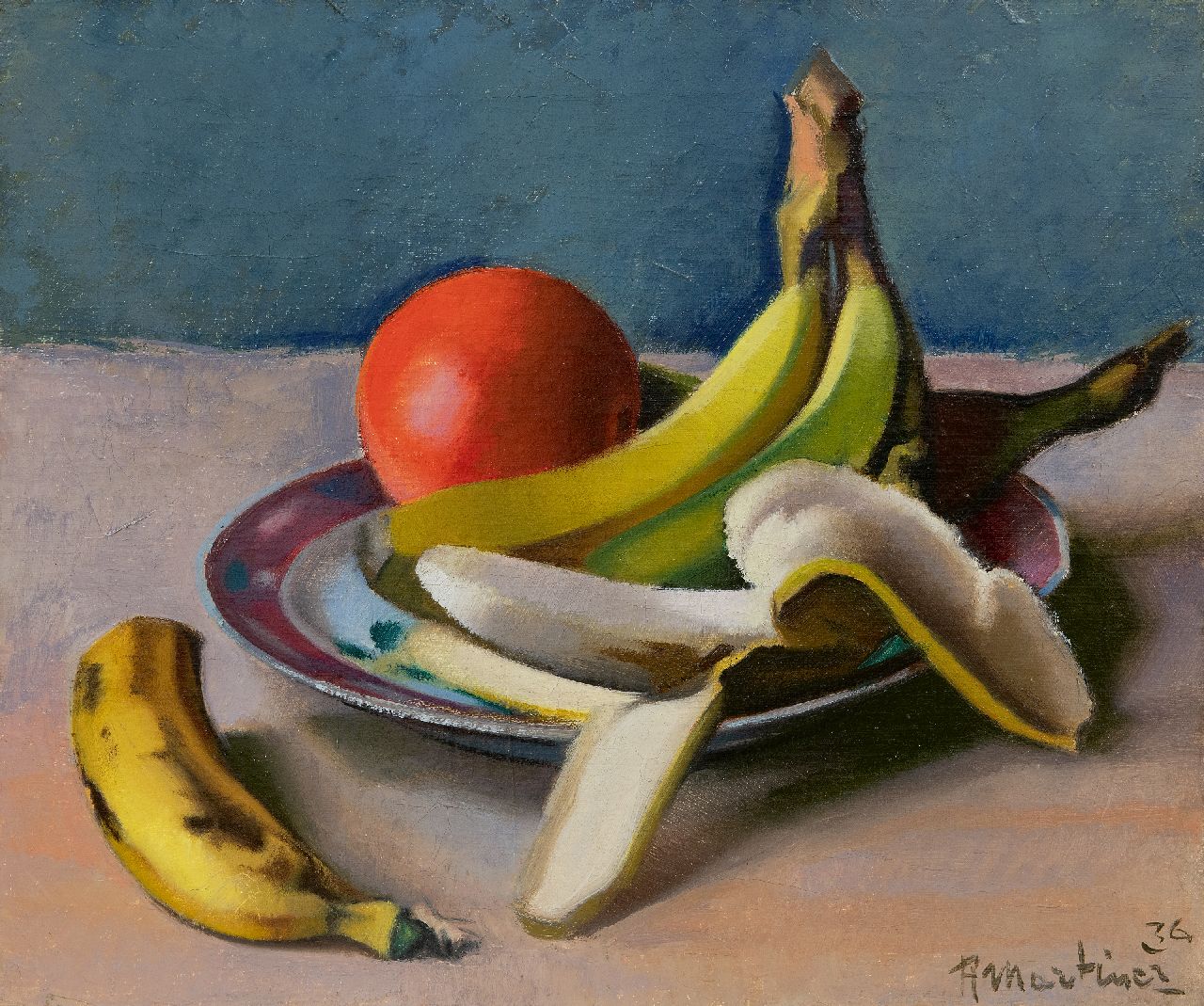 Martinez R.  | Raoul Martinez | Gemälde zum Verkauf angeboten | Stilleben mit Bananen und Orange, Öl auf Leinwand 35,3 x 42,3 cm, Unterzeichnet u.r. und datiert '36