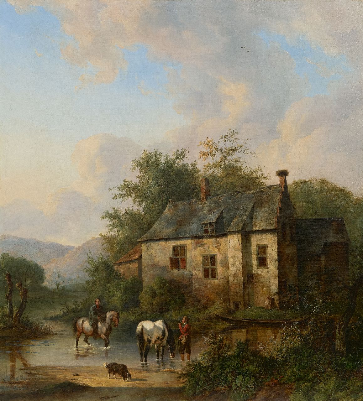 Verschuur W.  | Wouterus Verschuur, Blick auf die'Leenkamer' von Kasteel Stapelen in Boxtel mit Hund, Pferden und Reitern, Öl auf Leinwand 70,5 x 63,7 cm, Unterzeichnet u.l.