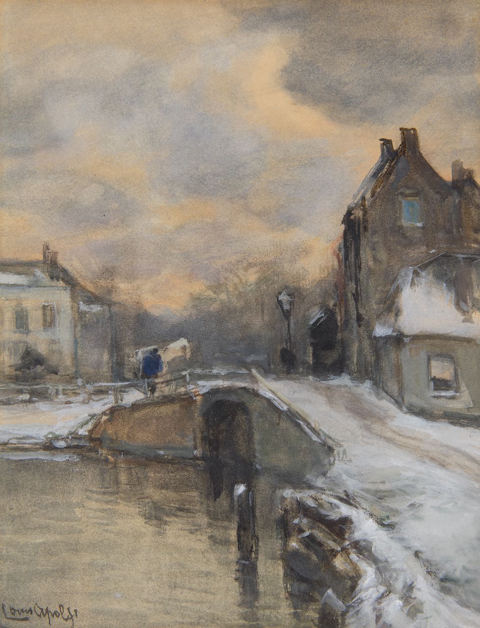 Apol L.F.H.  | Lodewijk Franciscus Hendrik 'Louis' Apol | Aquarelle und Zeichnungen zum Verkauf angeboten | Holländischer Dorfkanal im Schnee, Aquarell auf Papier auf Holzfaserplatte 28,7 x 22,1 cm, Unterzeichnet u.l.