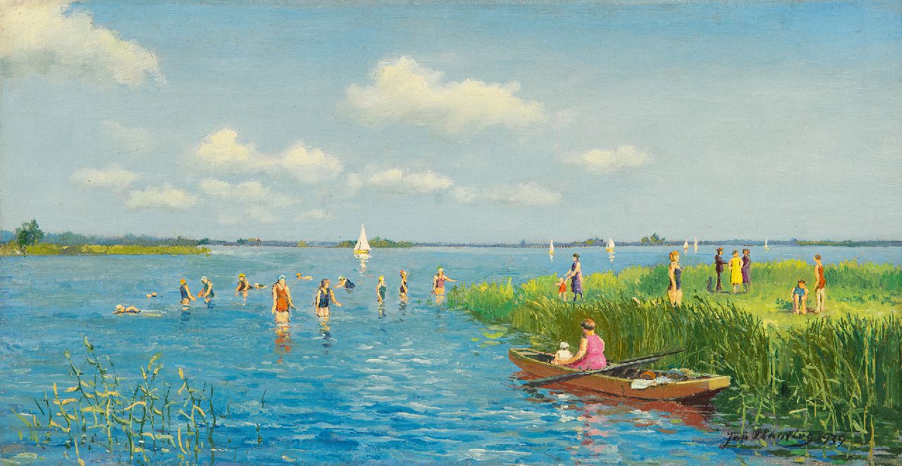 Jan Planting | Badespaß im Sommer bei De Leien in Friesland, Öl auf Leinwand, 19,6 x 37,1 cm, Unterzeichnet u.r. und datiert 1939