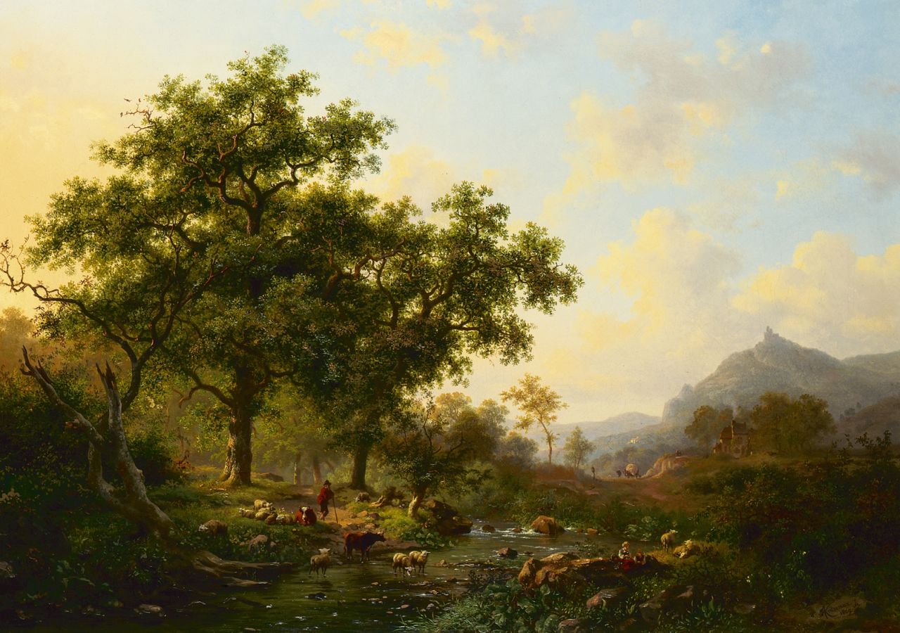 Kruseman F.M.  | Frederik Marinus Kruseman, A wooded river landscape with watering cows, Öl auf Leinwand 50,0 x 70,0 cm, signed l.r. und dated 1869
