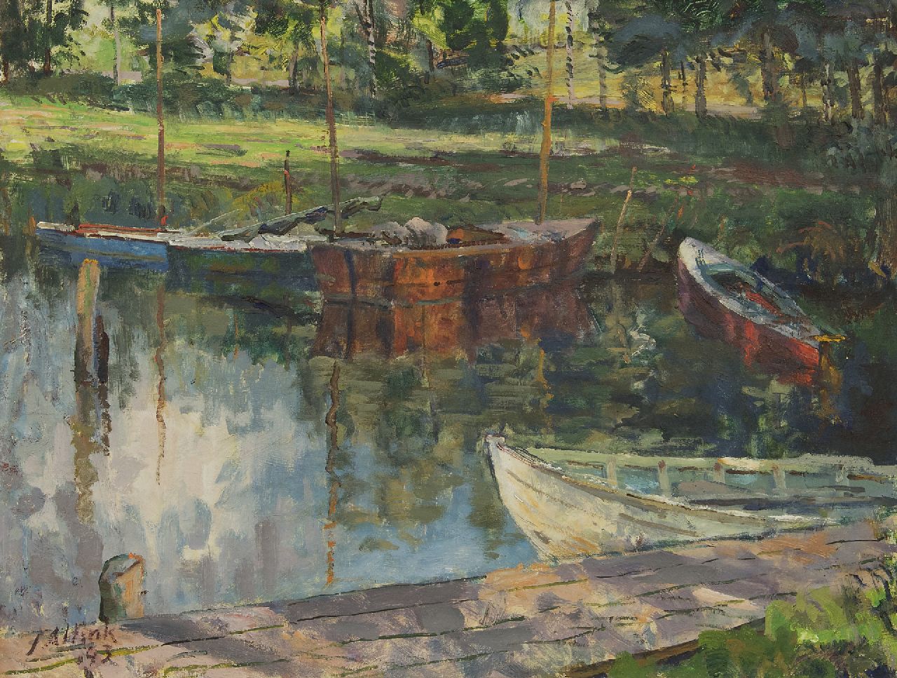 Altink J.  | Jan Altink, Festgemachte Boote bei dem Paterswoldse See, Öl auf Leinwand 60,8 x 80,6 cm, Unterzeichnet u.l. und datiert '43