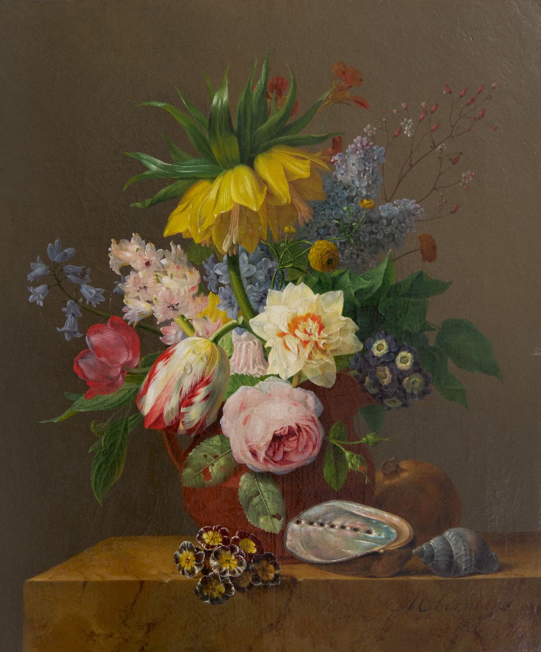 Oberman A.  | Anthony Oberman | Gemälde zum Verkauf angeboten | Ein Stillleben mit Blumen, Granatapfel und Muscheln auf einem Marmorsims, Öl auf Leinwand 47,0 x 39,5 cm, Unterzeichnet u.r.