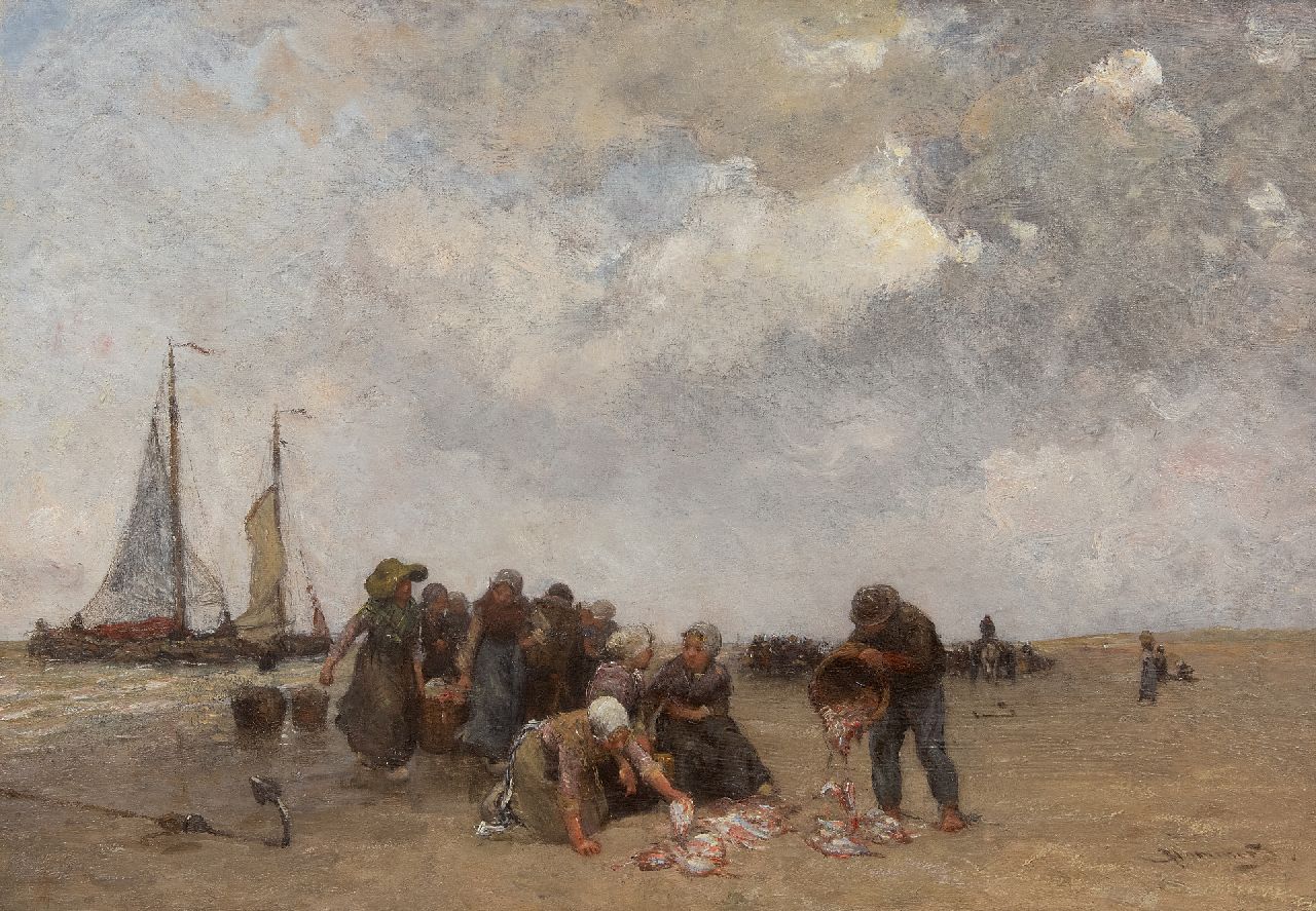 Blommers B.J.  | Bernardus Johannes 'Bernard' Blommers, Fischverkauf am Strand von Scheveningen, Öl auf Leinwand 39,5 x 58,0 cm, Unterzeichnet u.r.