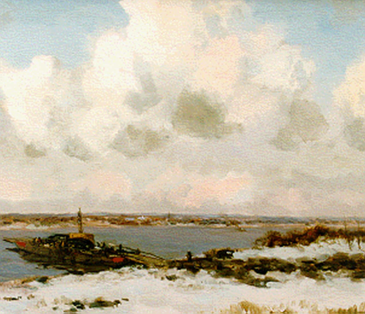 Jansen W.G.F.  | 'Willem' George Frederik Jansen, A ferry in winter, Öl auf Leinwand 60,5 x 90,5 cm, signed u.l.