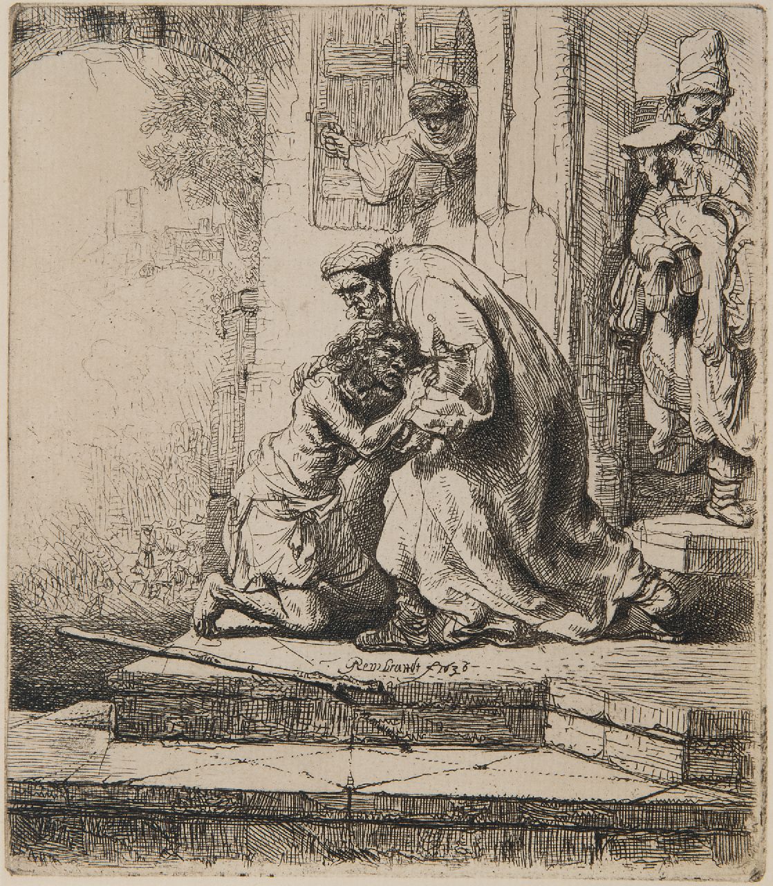 Rembrandt (Rembrandt Harmensz. van Rijn)   | Rembrandt (Rembrandt Harmensz. van Rijn), Die Rückkehr des verlorenen Sohnes, Radierung 15,6 x 13,6 cm, Unterzeichnet l.c. (auf dem Teller) und datiert 1636 (auf dem Teller)