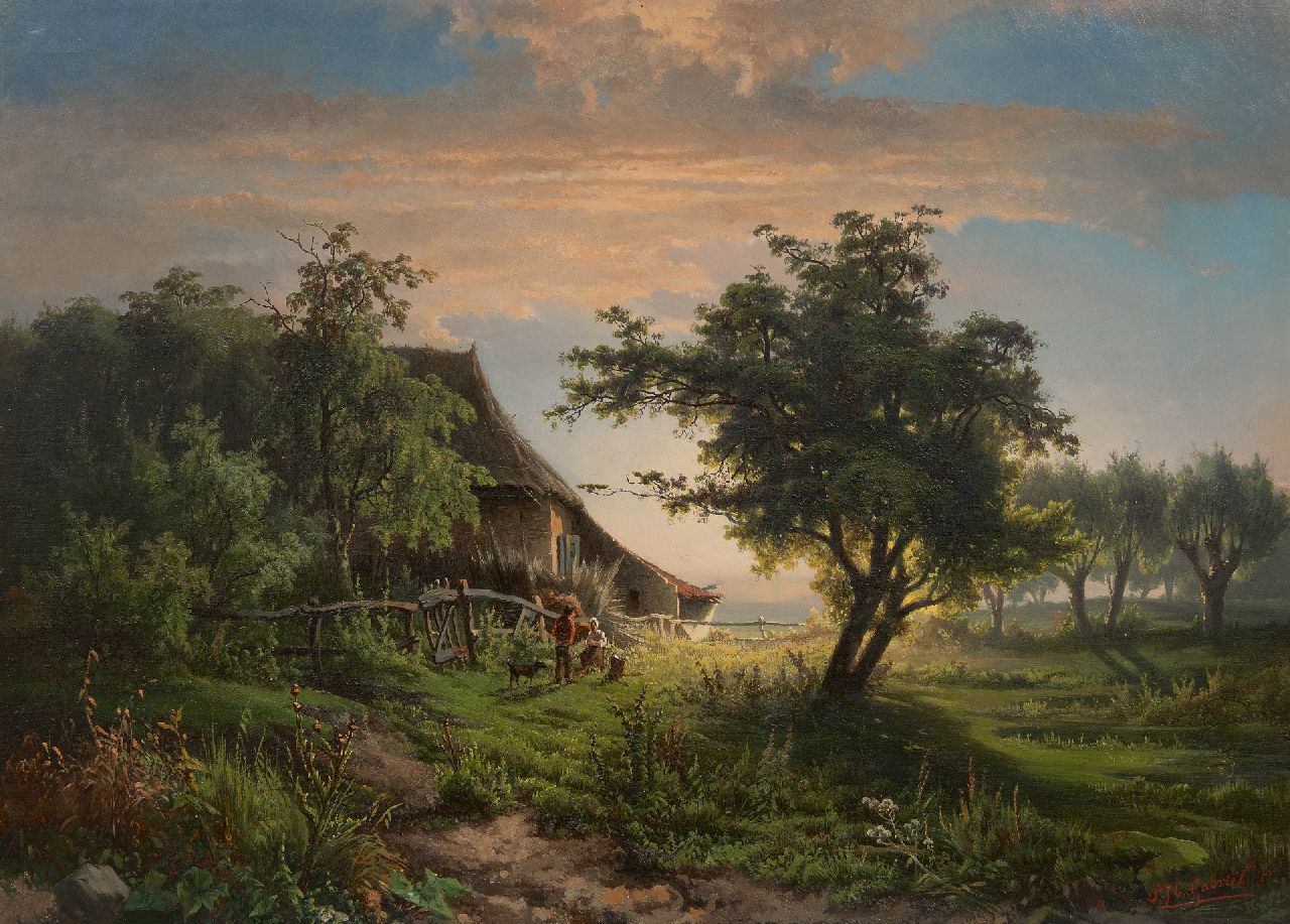 Gabriel P.J.C.  | Paul Joseph Constantin 'Constan(t)' Gabriel, Landschaft mit Bauernhof bei Sonnenuntergang, Öl auf Leinwand 45,5 x 63,0 cm, Unterzeichnet u.r. und zu datieren um 1855