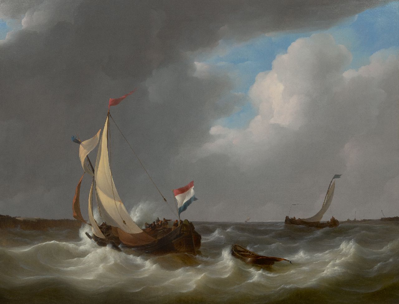 Schotel J.C.  | Johannes Christianus Schotel, Holländisches Boot auf unruhiger See, Öl auf Leinwand 71,4 x 93,3 cm, Unterzeichnet u.l. und datiert 1829