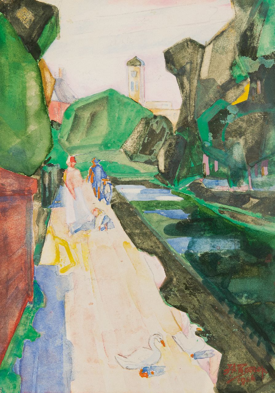 Toorop J.Th.  | Johannes Theodorus 'Jan' Toorop | Aquarelle und Zeichnungen zum Verkauf angeboten | Figuren in einem Park, Bleistift und Aquarell auf Papier 21,5 x 15,5 cm, Unterzeichnet u.r. und datiert 1926