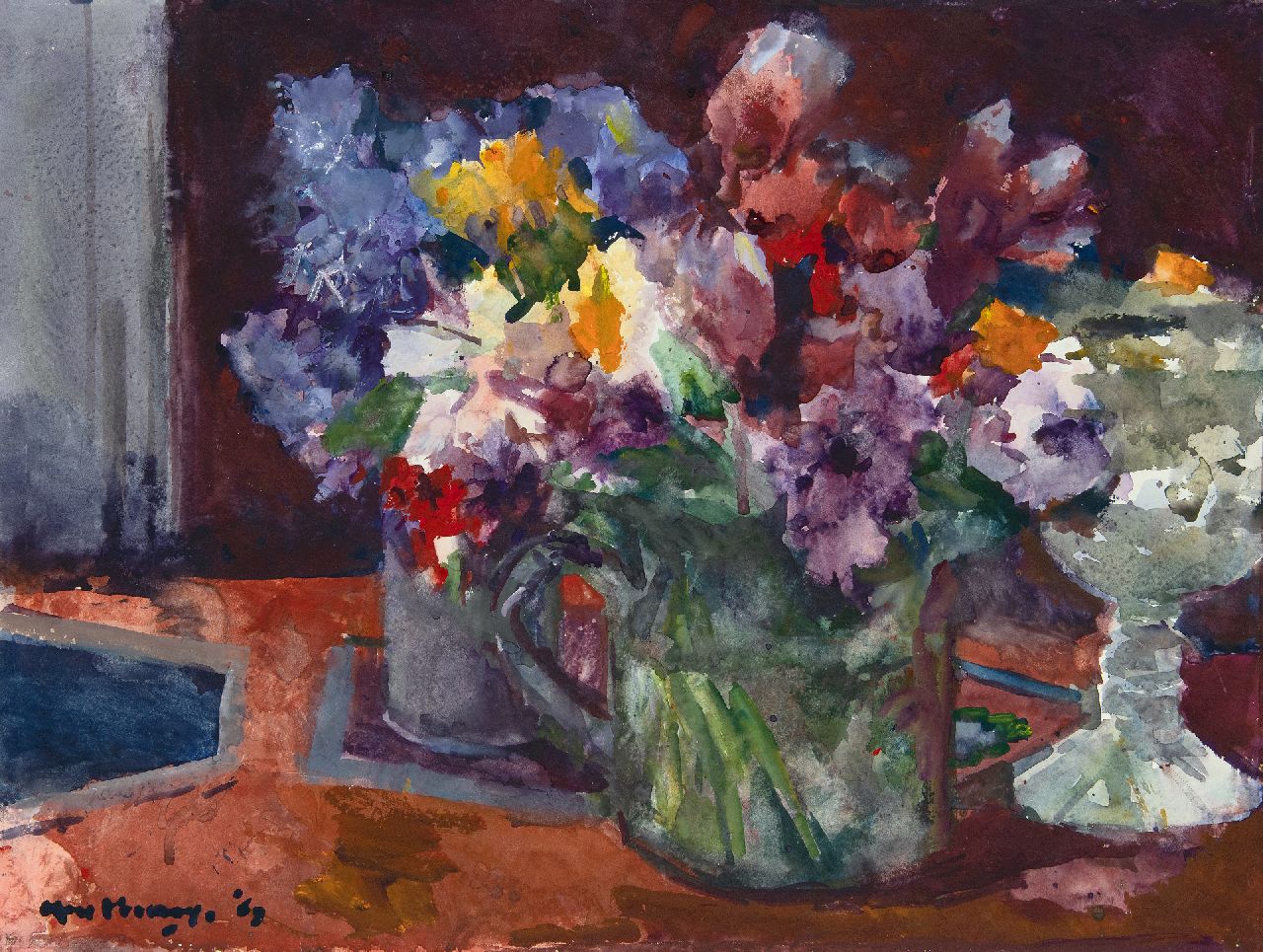 Verwey K.  | Kees Verwey | Aquarelle und Zeichnungen zum Verkauf angeboten | Glasvasen mit Blumen, Aquarell auf Papier 48,8 x 63,9 cm, Unterzeichnet u.l. und datiert '69