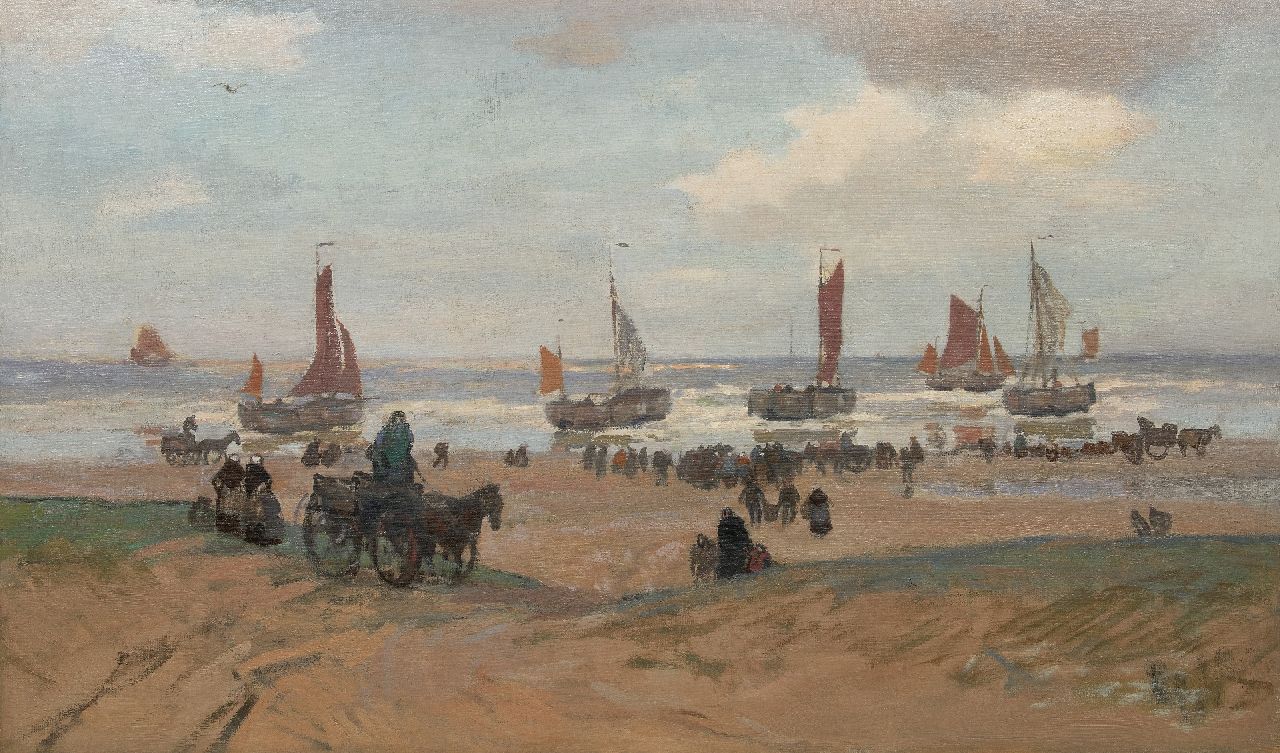 Sluiter J.W.  | Jan Willem 'Willy' Sluiter | Gemälde zum Verkauf angeboten | Warten auf den Fang am Strand von Katwijk aan Zee, Öl auf Leinwand 89,0 x 149,5 cm, Unterzeichnet auf Keilrahmen und zu datieren um 1898-1909